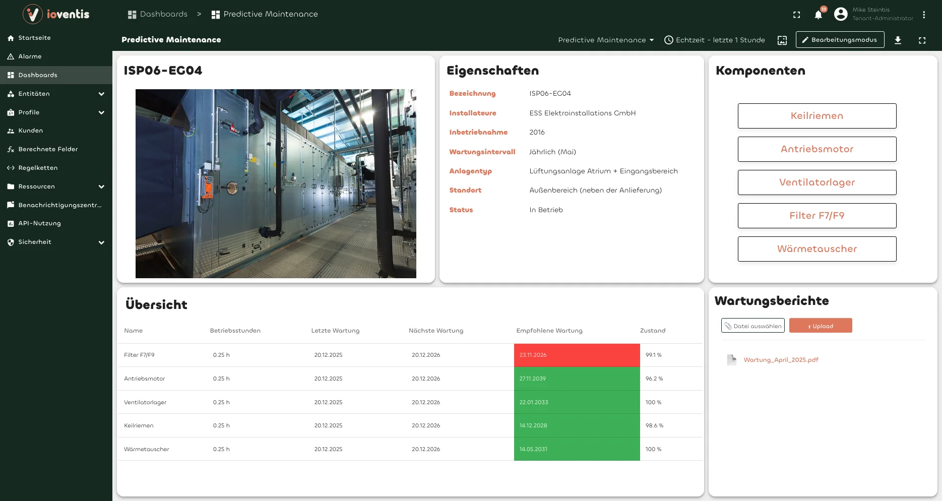 Predictive-Maintenance-Dashboard mit Komponentenübersicht und Zustandsbewertung